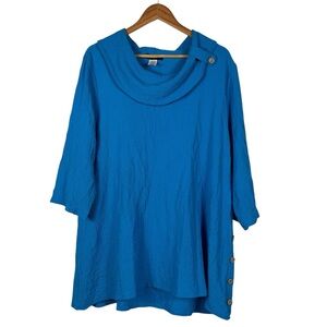 Yushi Top Blue Cowl Neck Tunic Artsy Lagenlook 3/4 Sleeve Blouse Women's XXL
